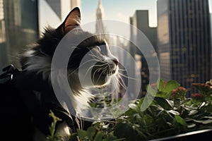 A cat looking out a window with plants in the foreground, AI