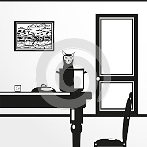 A cat looking from a pot standing on a table. Vector illustration in black and white style.