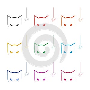 Cat looking at a spider icon or logo, color set