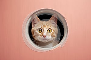 a cat looking up close in surprise through a hole in wall created with Generative AI technology