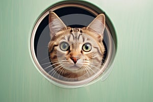 a cat looking up close in surprise through a hole in wall created with Generative AI technology