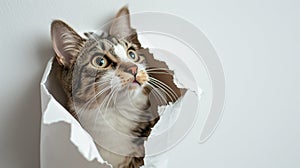 cat looking up in paper side torn hole isolated. Generative Ai