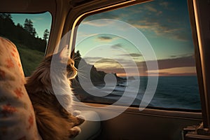 cat looks out of the car window at the sunset on the sea