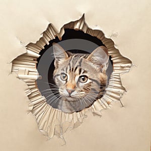 Cat Looks Through Paper Hole Background, Funny Pet Background, Abstract Generative AI Illustration