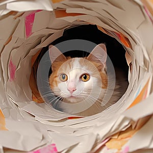 Cat Looks Through Paper Hole Background, Funny Pet Background, Abstract Generative AI Illustration