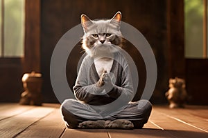 Cat in lotus pose doing yoga. Cat sitting in a meditation pose, copy space. Sport, fitness, yoga concept. Funny animals, indoor