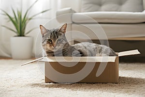 Cat lounges in a box on carpet, exuding calmness against a serene indoor backdrop