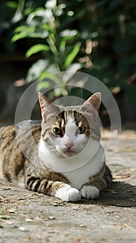 Cat lounges peacefully on hot summer day in idyllic setting