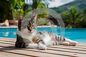 Cat lounges peacefully on hot summer day in idyllic setting