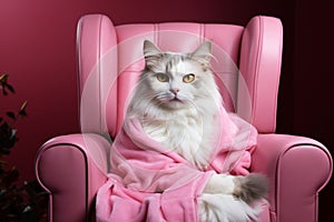 Cat lounges on pink armchair Pets spa, grooming, ultimate relaxation