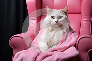 Cat lounges on pink armchair Pets spa, grooming, ultimate relaxation