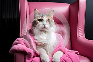 Cat lounges on pink armchair Pets spa, grooming, ultimate relaxation