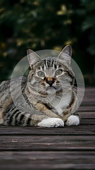 Cat lounges on wooden surface, basking in warmth and comfort