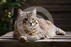 Cat lounges on wooden surface, basking in warmth and comfort