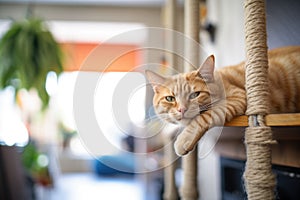 cat lounging on cat tree with paw dangling over edge