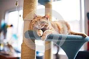 cat lounging on cat tree with paw dangling over edge