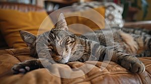 Cat Lounging on Couch Next to Potted Plant