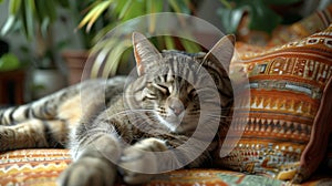 Cat Lounging on Couch Next to Potted Plant