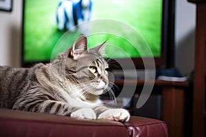 cat lounging in front of a tv airing a sporting event photo