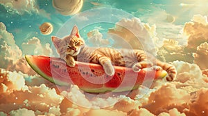 cat lounging on a giant watermelon slice ice cream ai generated