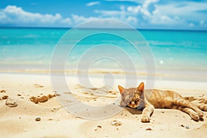 cat lounging on sandy beach with blue sea in the background