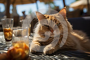 cat lounging on sandy beach chair with cocktail, bathed in glorious sunlight