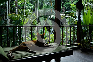 cat lounging on veranda, dense jungle floor visible