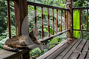 cat lounging on veranda, dense jungle floor visible