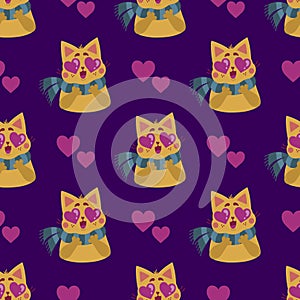 Cat in love with eyes in the shape of hearts seamless vector pattern. Cute kitten in a striped green scarf. The pet