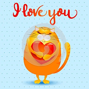 Cat in love with heart and message, valentine card.