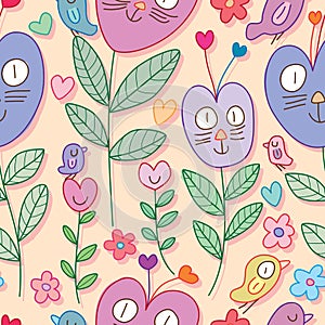 Cat love plant bird seamless pattern