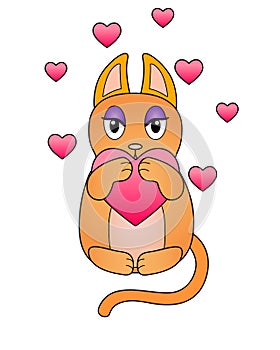 Cat in love - vector full color picture for Valentine`s Day. Cute red lady-cat surrounded by hearts. Kawaii cat in love hugs a pin