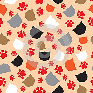 Cat love vector seamless pattern. Valentine Day childish wallpaper, background.