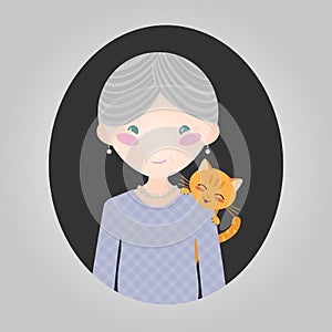 Cat lover character. Vector old lady personage for site or application.