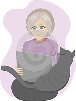 Cat-loving elderly woman doing some online shopping