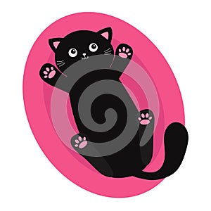 Cat lying on back in pink bed. Cartoon baby pet character. Long body. Paw print. Cute kawaii chilling black kitten head face.