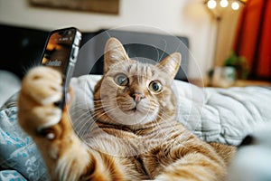 a cat lying in a bed and making a selfie with a cell phone