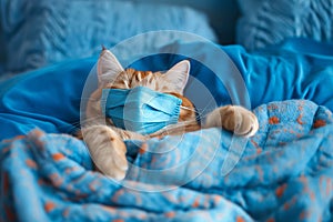 Cat lying in bed wearing protective medical mask. Concept of healthcare and medical treatment. Med Insurance, epidemic season or