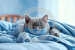 Cat lying in bed wearing protective medical mask. Concept of healthcare and medical treatment. Med Insurance, epidemic season or