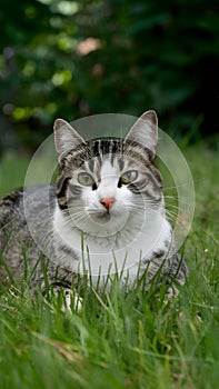 Cat lying on garden grass, enjoying a peaceful day