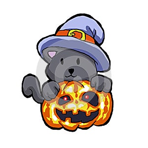 Cat lying on a halloween pumpkin