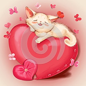 Cat lying on a red pillow - heart.