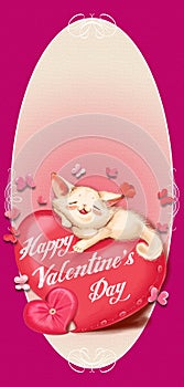 Cat lying on a red pillow - heart, Card Valentine's Day