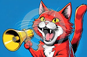 cat making a loud announcement with a megaphone on a dynamic blue background
