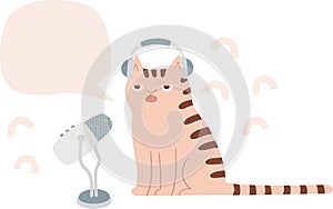 A cat making a podcast flat drawing. Media hosting hand-drawn cartoon illustration