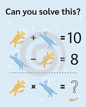 Cat Math riddle for kids and adults. Picture equations, fun picture math worksheet. Vector format