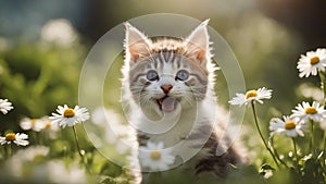 cat on a meadow A tiny kitten with a soft, striped coat, meowing playfully as it explores a lush garden
