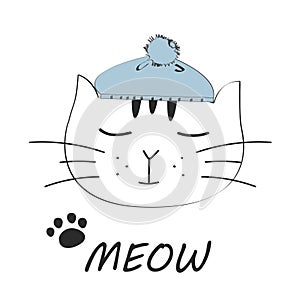 Cat meow vector illustration drawing with writing, black outlines of cat`s head, cat snout with ears, whiskers and paws