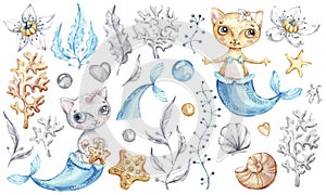 Cat mermaid unicorn Baby cute girl. Watercolor nursery cartoon sea animals, marine magic life.