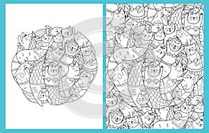 Coloring pages set with cute mermaid cats. Doodle feline animals templates for coloring book photo